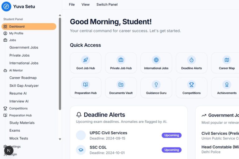 Student dashboard with quick access and alerts.
