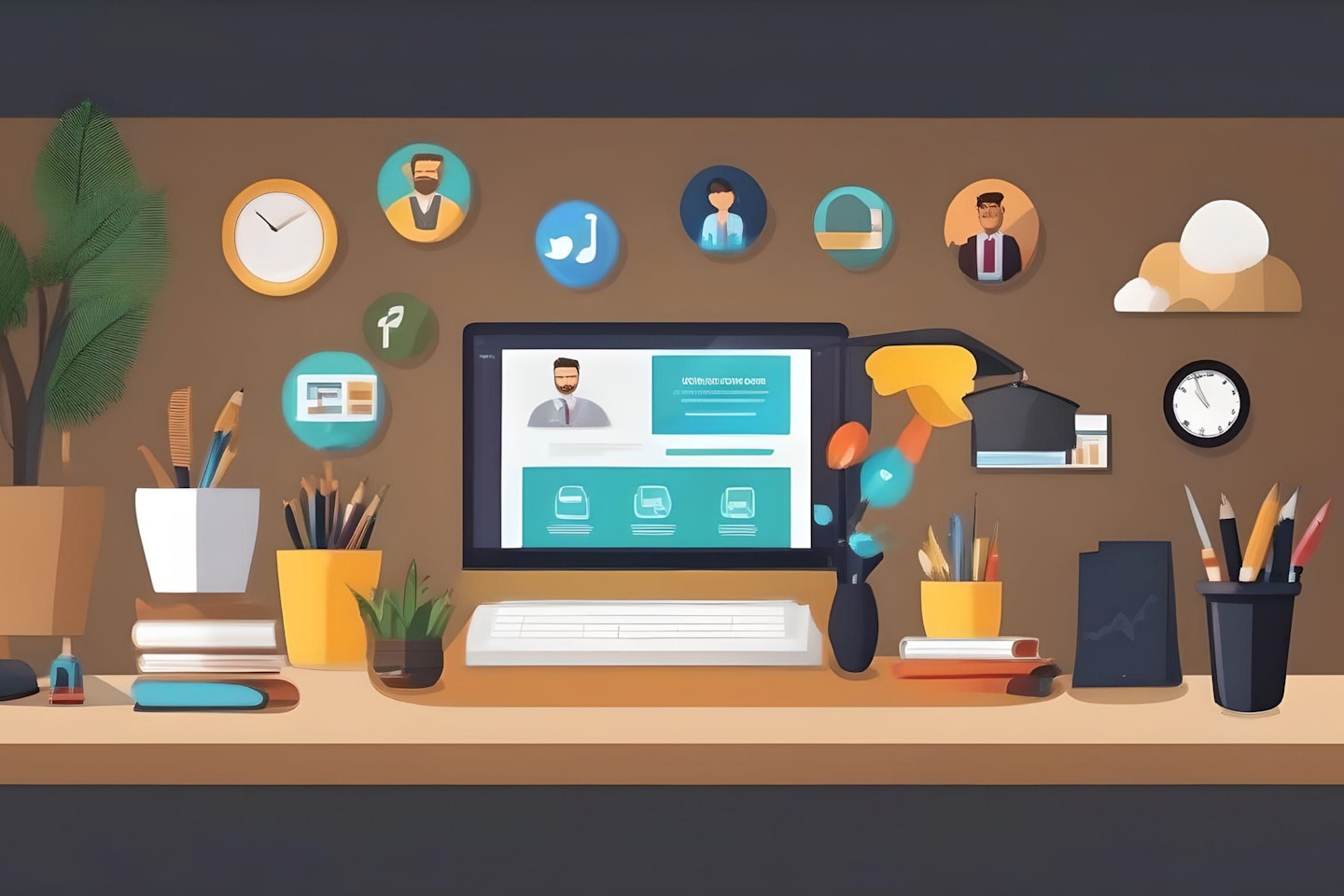 a desktop computer sitting on top of a wooden desk